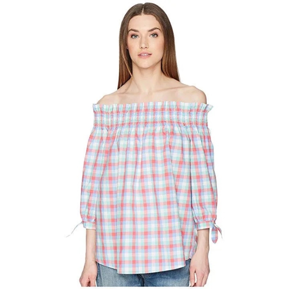 Kate Spade Madras Gingham Off the Shoulder Cotton Top Size Small